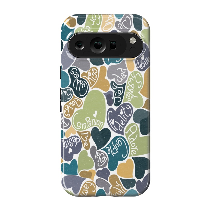 Pixel 9 pro StrongFit Love hearts with loving words in blue and green by Paula Ohreen