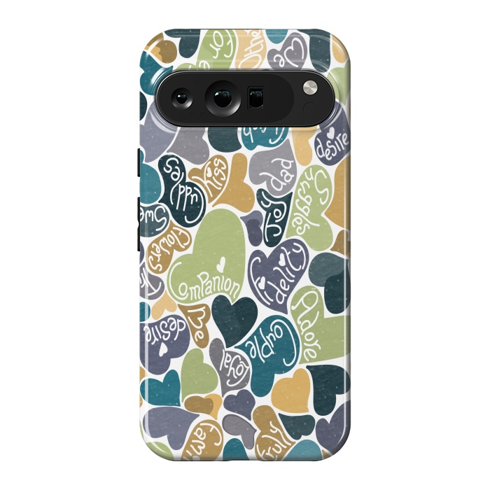 Pixel 9 Pro XL StrongFit Love hearts with loving words in blue and green by Paula Ohreen