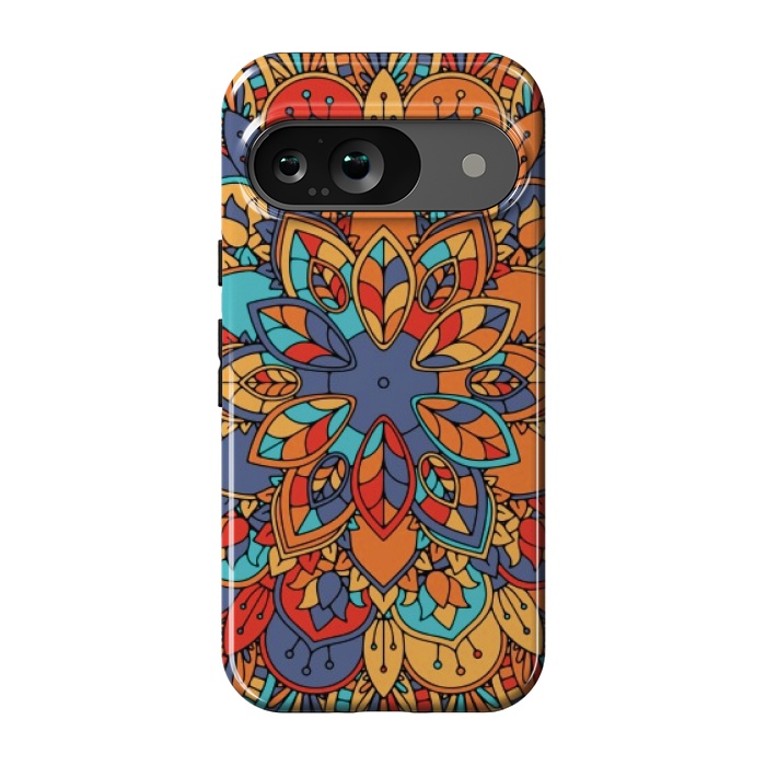 Pixel 9 StrongFit BLUE ORANGE RED MANDALA ETHNIC PATTERN by MALLIKA