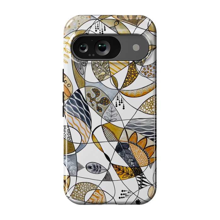 Pixel 9 StrongFit Continuous Line Abstract Art in Grey and Yellow by Paula Ohreen