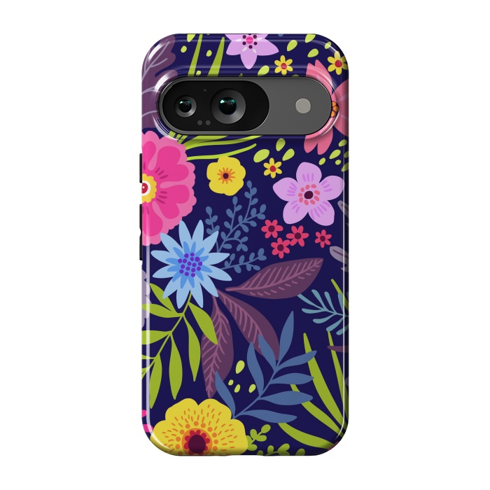 Pixel 9 StrongFit Amazing seamless floral pattern with bright colorful flowers and leaves on a dark blue background by ArtsCase