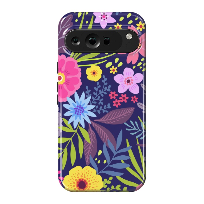 Pixel 9 Pro XL StrongFit Amazing seamless floral pattern with bright colorful flowers and leaves on a dark blue background by ArtsCase