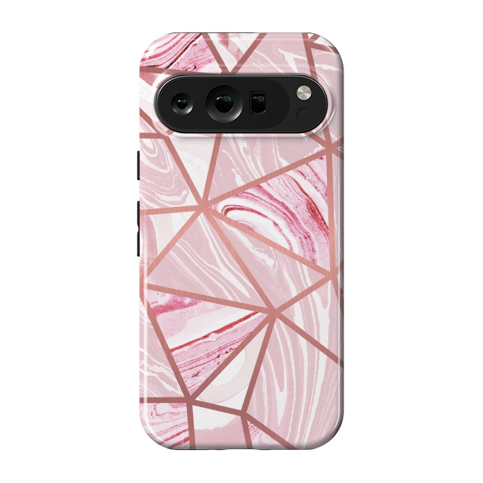 Pixel 9 pro StrongFit Candy pink marble and rose gold triangles by Oana 