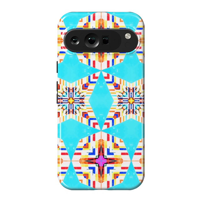 Pixel 9 Pro XL StrongFit Exotic Tiles, Moroccan Teal Kaleidoscope Pattern, Turkish Bohemian Colorful Culture Eclectic Graphic by Uma Prabhakar Gokhale