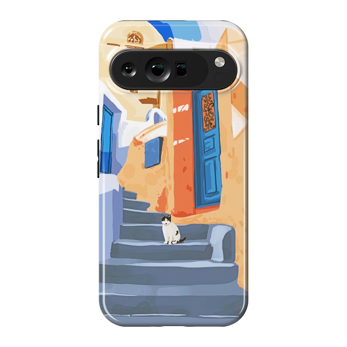 Pixel 9 Pro XL StrongFit Cat in Greece, Architecture Tropical Exotic Travel Places City, Bohemian Beachy Santorini Painting by Uma Prabhakar Gokhale