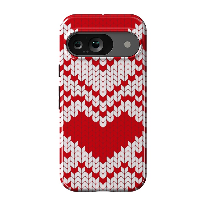 Pixel 9 StrongFit Red white knitted heart pattern by haroulita