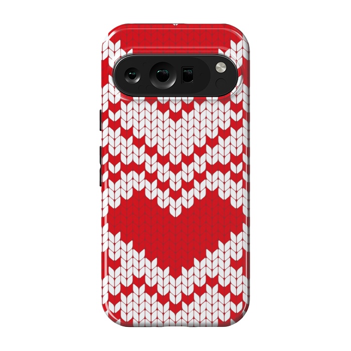 Pixel 9 pro StrongFit Red white knitted heart pattern by haroulita