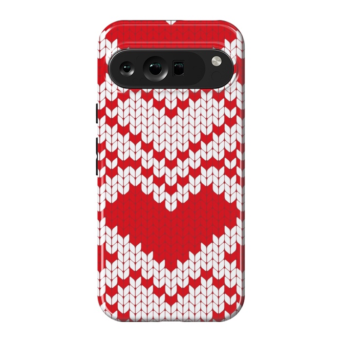 Pixel 9 Pro XL StrongFit Red white knitted heart pattern by haroulita