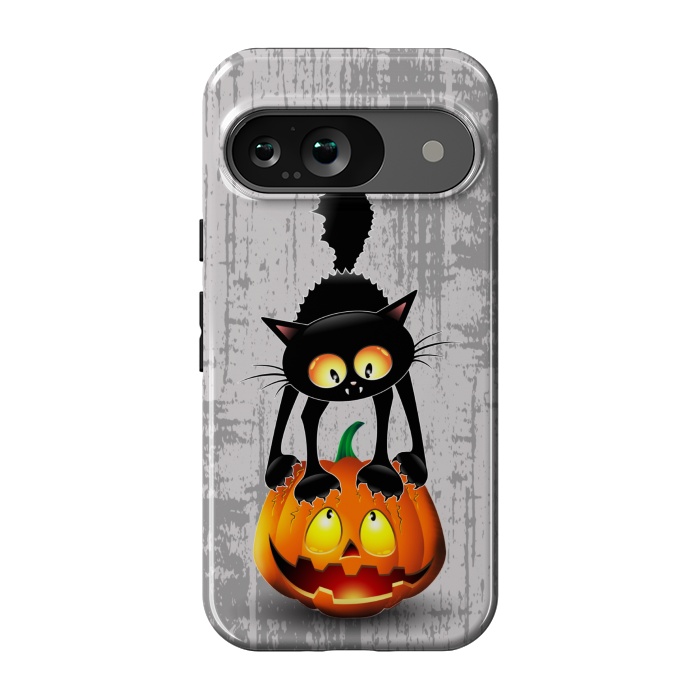 Pixel 9 StrongFit Cat Fun Halloween Character Cartoon scratching a Halloween Pumpkin by BluedarkArt