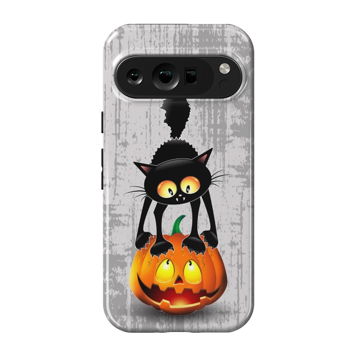 Pixel 9 pro StrongFit Cat Fun Halloween Character Cartoon scratching a Halloween Pumpkin by BluedarkArt