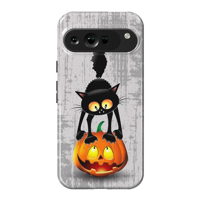 Pixel 9 Pro XL StrongFit Cat Fun Halloween Character Cartoon scratching a Halloween Pumpkin by BluedarkArt