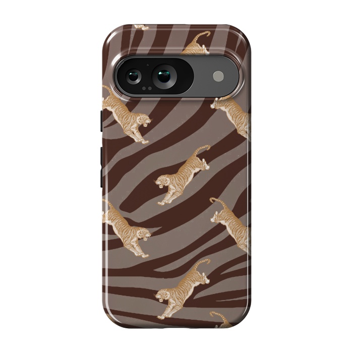 Pixel 9 StrongFit Tiger pattern on brown stripes - modern animal pattern by Oana 