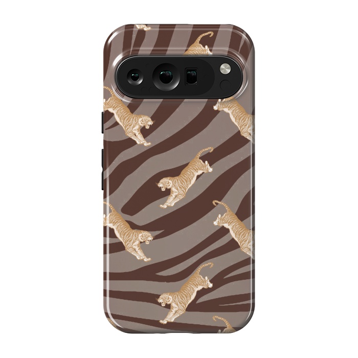 Pixel 9 pro StrongFit Tiger pattern on brown stripes - modern animal pattern by Oana 