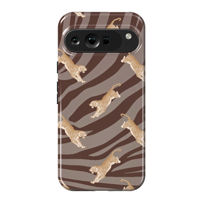 Pixel 9 Pro XL StrongFit Tiger pattern on brown stripes - modern animal pattern by Oana 