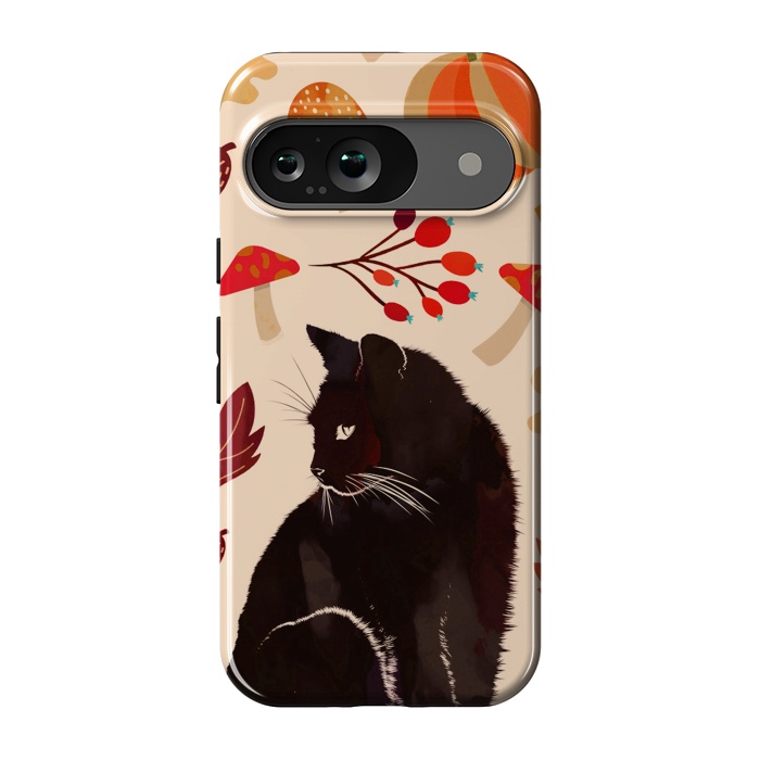 Pixel 9 StrongFit Black cat and autumn woodland pattern - leaves, mushroom, pumpkin by Oana 