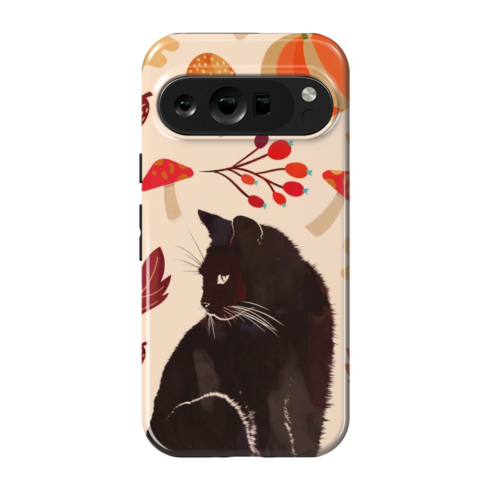 Pixel 9 pro StrongFit Black cat and autumn woodland pattern - leaves, mushroom, pumpkin by Oana 