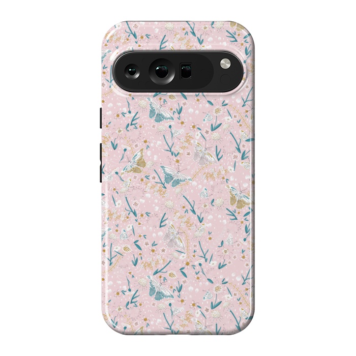 Pixel 9 Pro XL StrongFit Delicate Daisies and Butterflies half-drop repeat pattern on Pink by Paula Ohreen