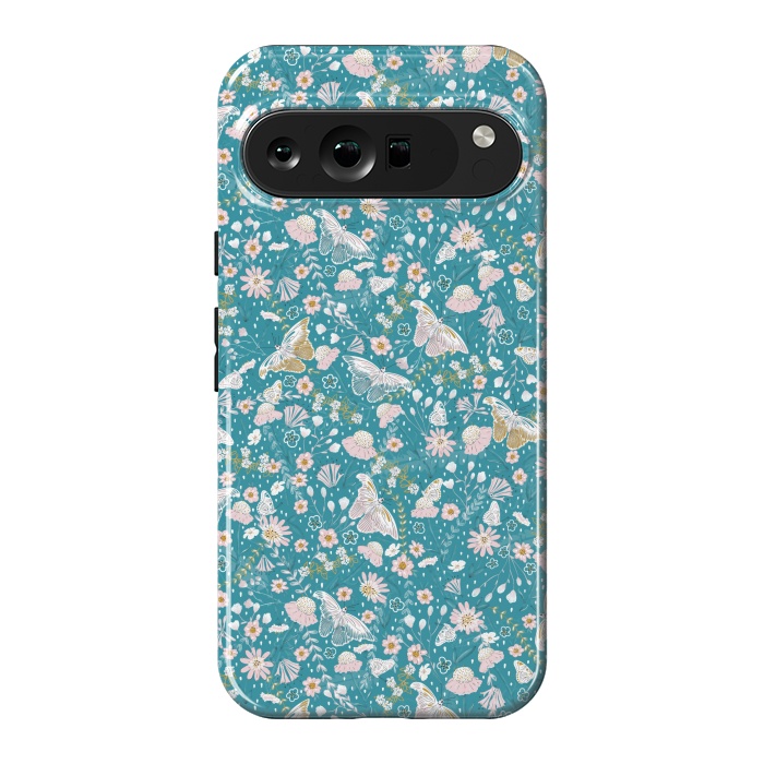 Pixel 9 Pro XL StrongFit Delicate Daisies and Butterflies half-drop repeat pattern on Blue by Paula Ohreen