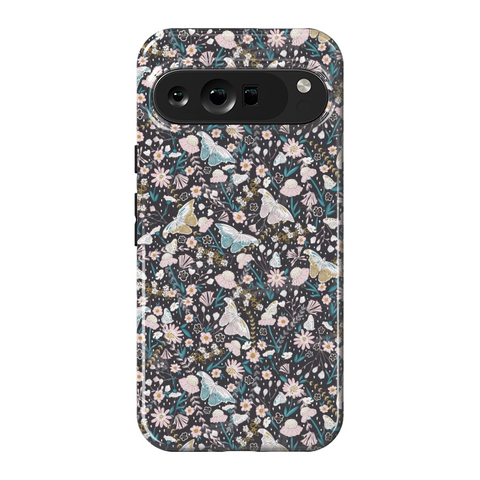 Pixel 9 Pro XL StrongFit Delicate Daisies and Butterflies half-drop repeat pattern on Black by Paula Ohreen