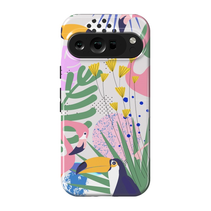 Pixel 9 pro StrongFit Tropical Spring | Pastel Quirky Modern Bohemian Jungle Botanical | Flamingo Palm Cockatoo Birds by Uma Prabhakar Gokhale