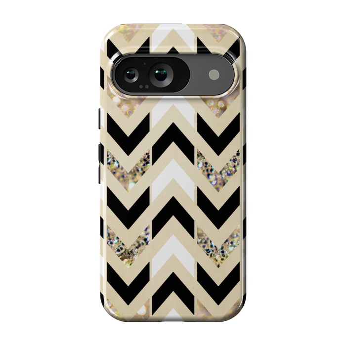 Pixel 9 StrongFit Black, White & Gold Glitter Herringbone Chevron by Tangerine-Tane