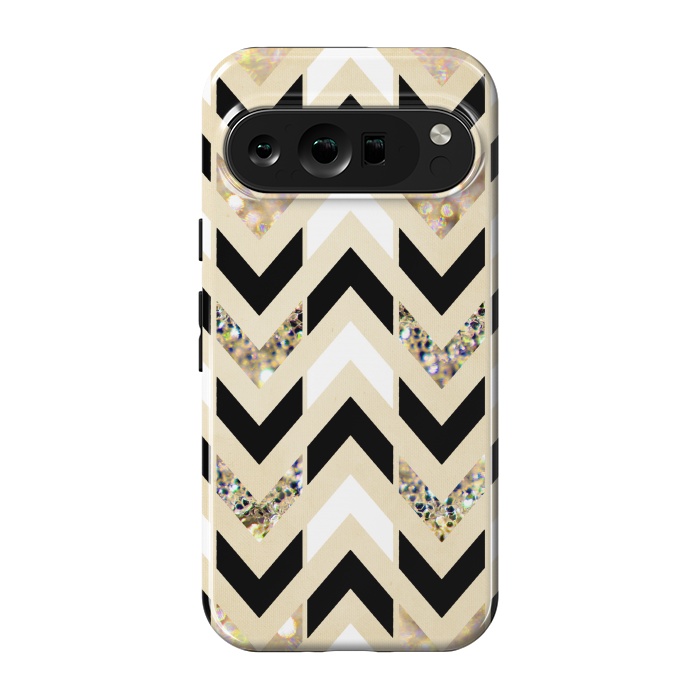 Pixel 9 pro StrongFit Black, White & Gold Glitter Herringbone Chevron by Tangerine-Tane