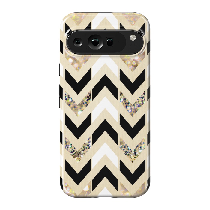 Pixel 9 Pro XL StrongFit Black, White & Gold Glitter Herringbone Chevron by Tangerine-Tane