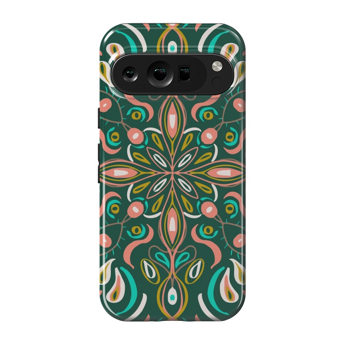 Pixel 9 pro StrongFit Bold Boho Mandala in Green Coral and Gold by ECMazur 