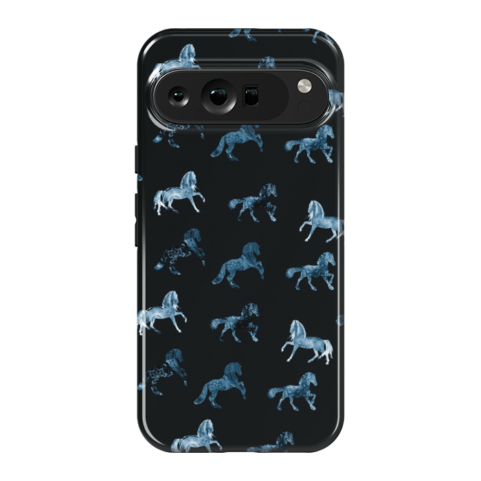 Pixel 9 Pro XL StrongFit Horse pattern - blue watercolor horses  by Oana 