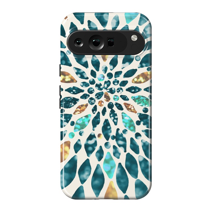 Pixel 9 Pro XL StrongFit Glitter Dahlia in Gold, Aqua and Ocean Green by Tangerine-Tane