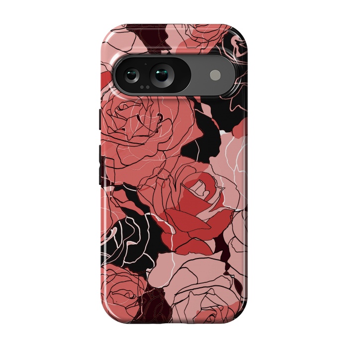 Pixel 9 StrongFit Red black roses - line art rose flowers pattern by Oana 