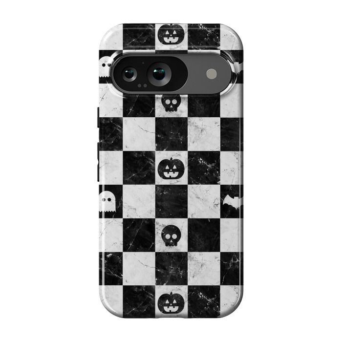 Pixel 9 StrongFit Halloween checkered pattern - marble spooky monsters checks by Oana 