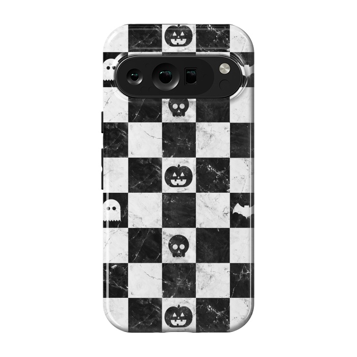 Pixel 9 pro StrongFit Halloween checkered pattern - marble spooky monsters checks by Oana 