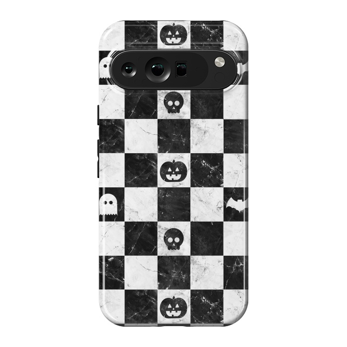 Pixel 9 Pro XL StrongFit Halloween checkered pattern - marble spooky monsters checks by Oana 