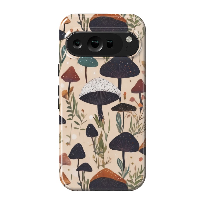 Pixel 9 pro StrongFit Mushrooms pattern - mushrooms and leaves cottagecore illustration by Oana 