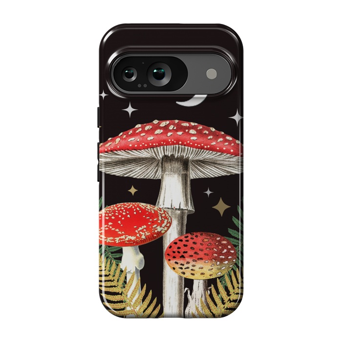 Pixel 9 StrongFit Red mushrooms, stars and Moon - whimsical cottagecore forest illustration by Oana 