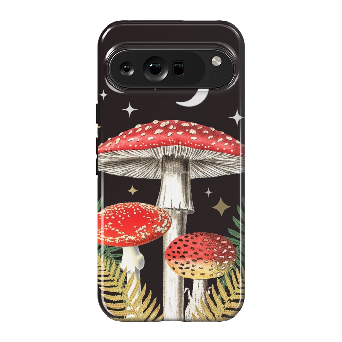 Pixel 9 Pro XL StrongFit Red mushrooms, stars and Moon - whimsical cottagecore forest illustration by Oana 