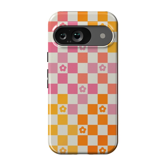 Pixel 9 StrongFit Retro checks and daisy flowers - 70s gradient checkered pattern by Oana 