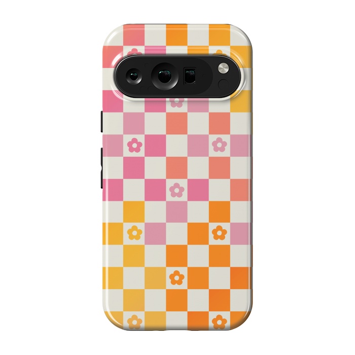 Pixel 9 pro StrongFit Retro checks and daisy flowers - 70s gradient checkered pattern by Oana 