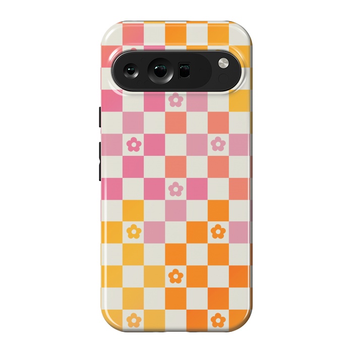 Pixel 9 Pro XL StrongFit Retro checks and daisy flowers - 70s gradient checkered pattern by Oana 