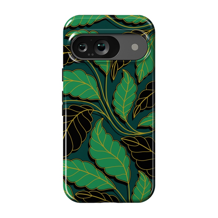 Pixel 9 StrongFit Curved lines Branches Leaves black and green G608 by Medusa GraphicArt