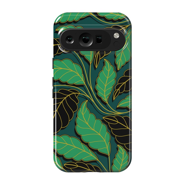 Pixel 9 pro StrongFit Curved lines Branches Leaves black and green G608 by Medusa GraphicArt