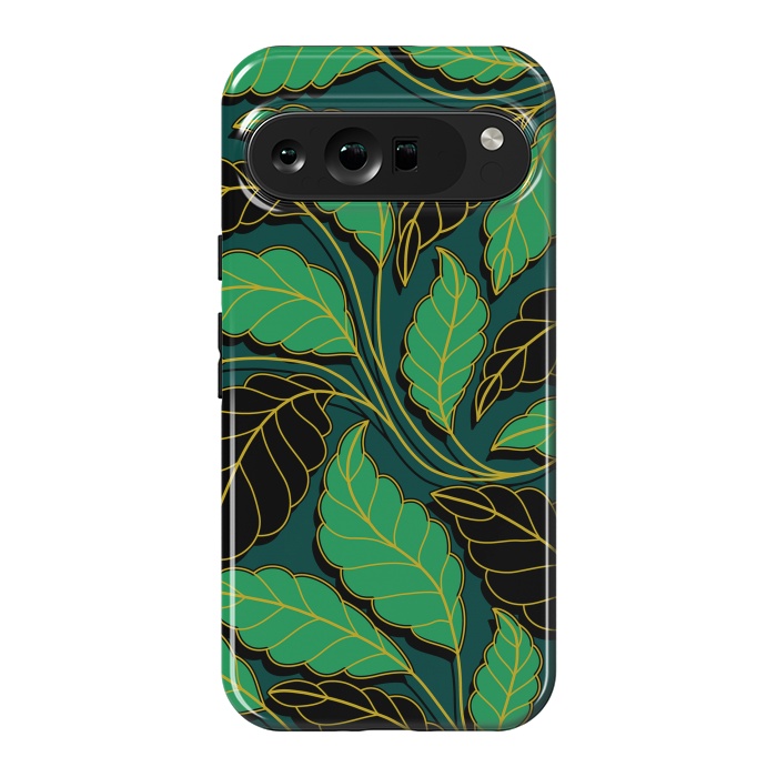 Pixel 9 Pro XL StrongFit Curved lines Branches Leaves black and green G608 by Medusa GraphicArt