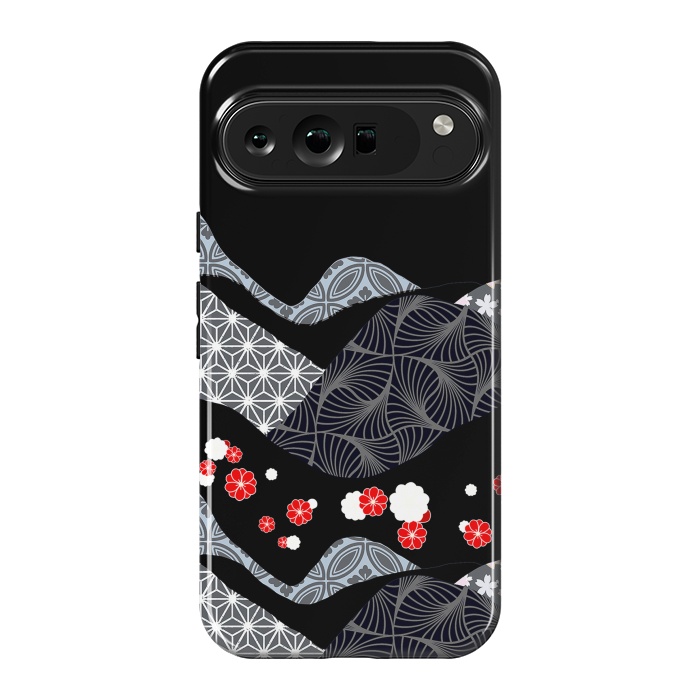 Pixel 9 Pro XL StrongFit Japanese mountains and cherry blossoms - kimono pattern by Oana 