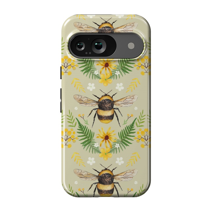 Pixel 9 StrongFit Bees and flowers - cottagecore bumble bee pattern - ferns, wild flowers by Oana 