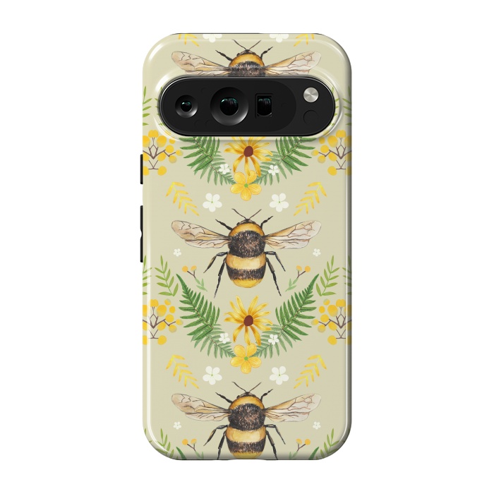 Pixel 9 pro StrongFit Bees and flowers - cottagecore bumble bee pattern - ferns, wild flowers by Oana 