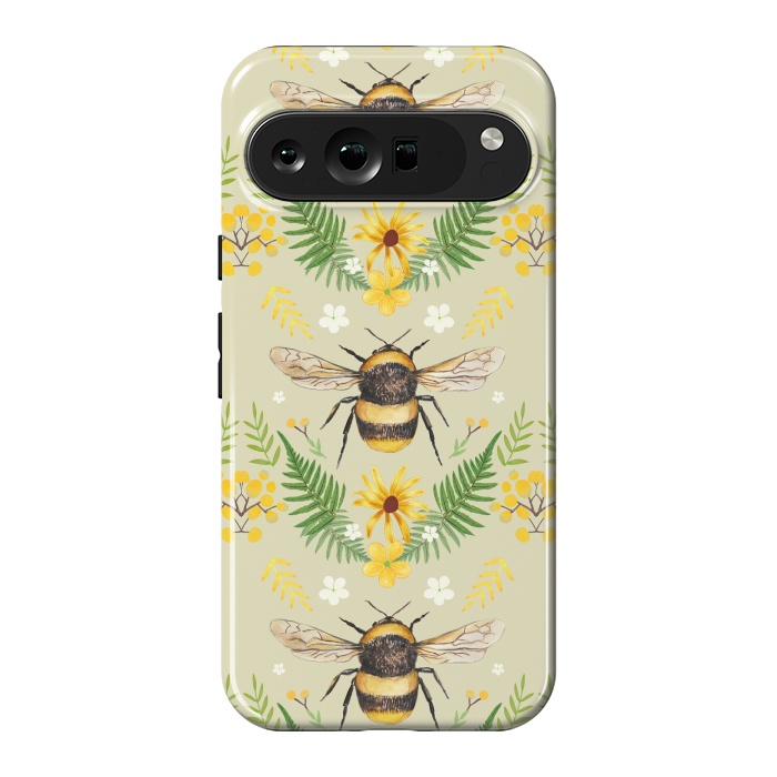 Pixel 9 Pro XL StrongFit Bees and flowers - cottagecore bumble bee pattern - ferns, wild flowers by Oana 