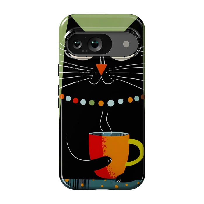 Pixel 9 StrongFit Black angry cat drinking coffee by haroulita