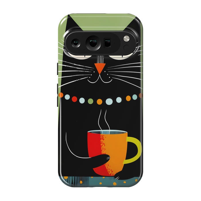 Pixel 9 pro StrongFit Black angry cat drinking coffee by haroulita