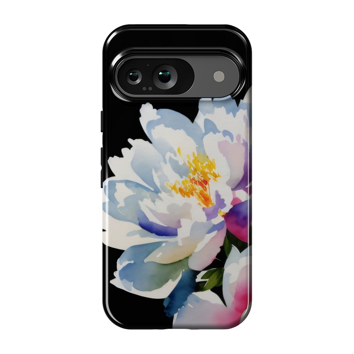 Pixel 9 StrongFit Watercolour painted peony flower on black - peony petals by Oana 